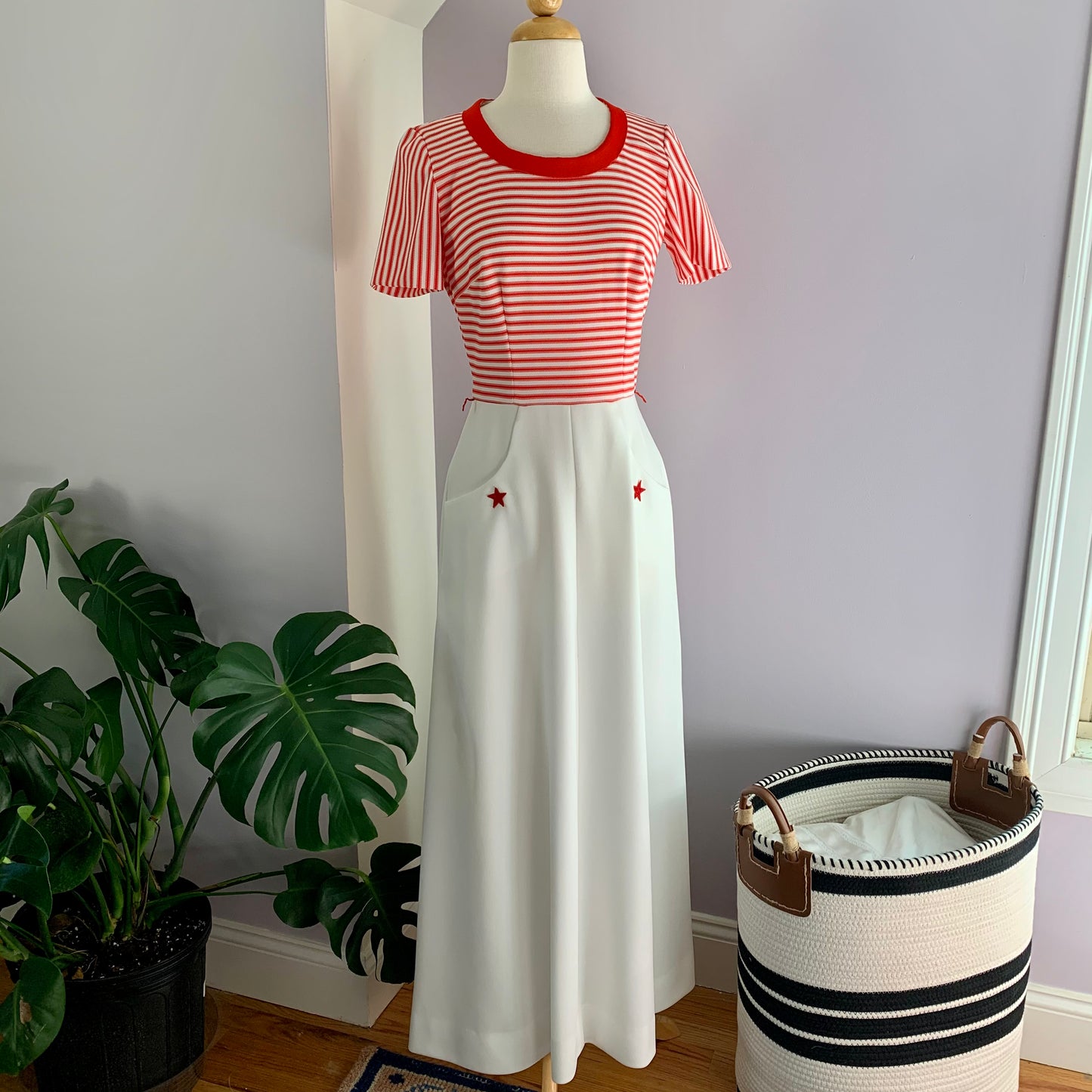 70's Leslie Fay Red White Maxi Pocket Dress sz. XS/S