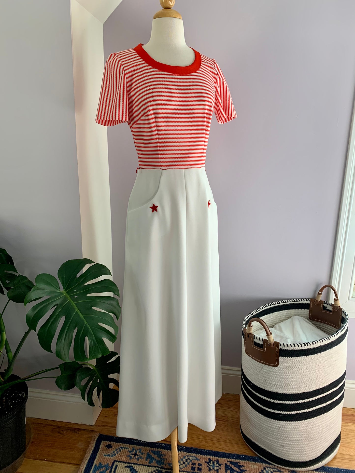 70's Leslie Fay Red White Maxi Pocket Dress sz. XS/S