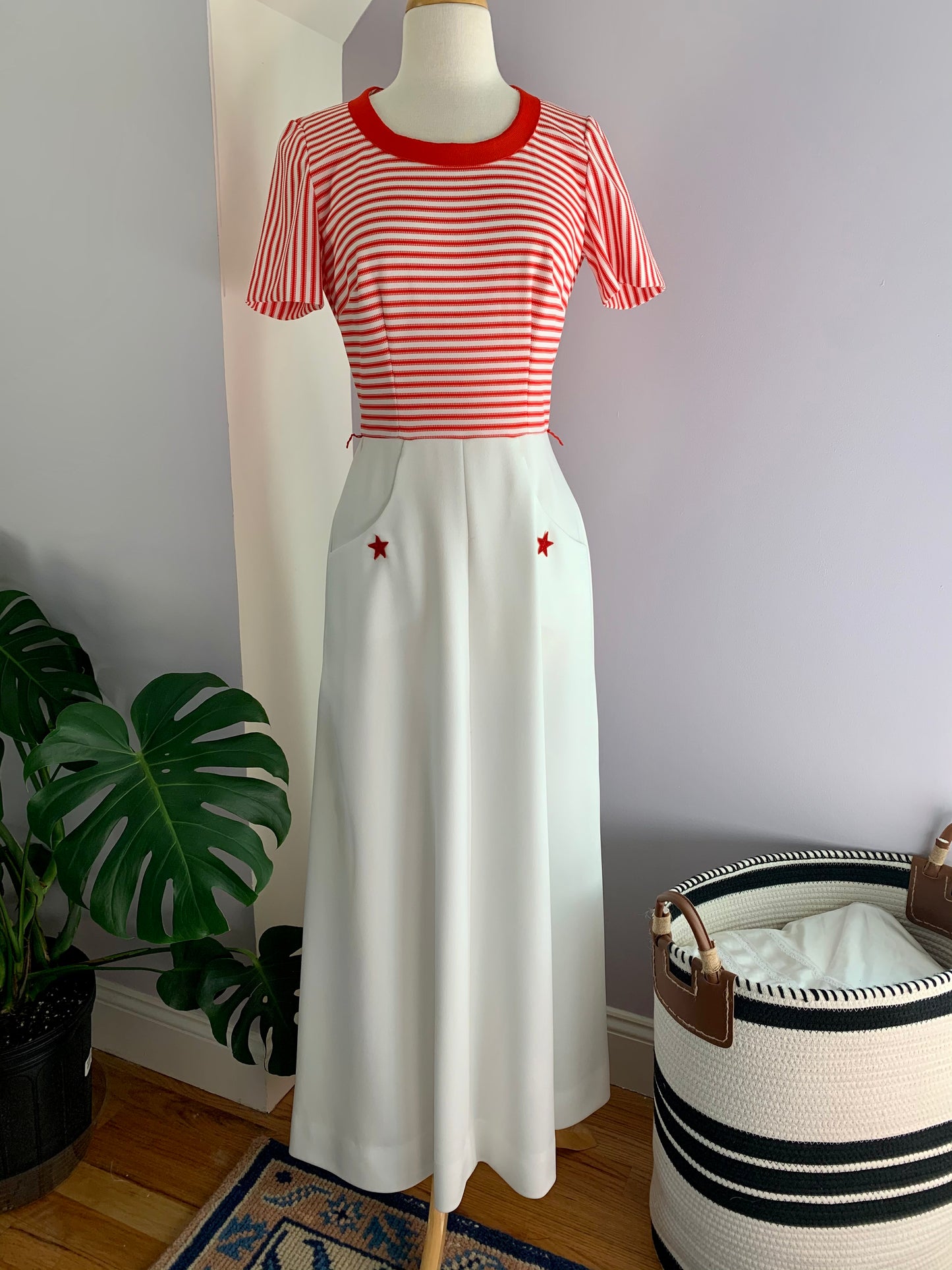 70's Leslie Fay Red White Maxi Pocket Dress sz. XS/S