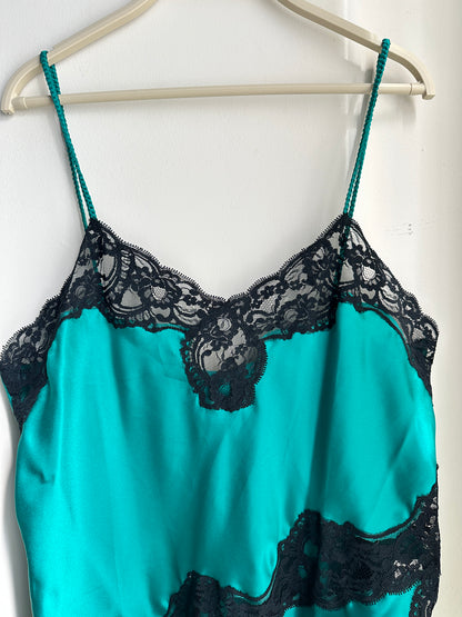 Vintage Green and Black Lace Slip Dress - L