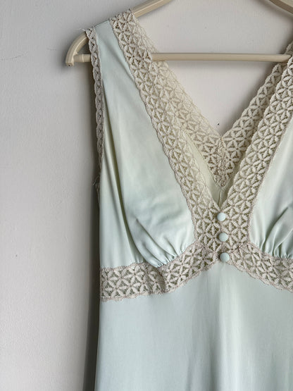 Vintage Pale Sage Green Lace Button Gown - M/L