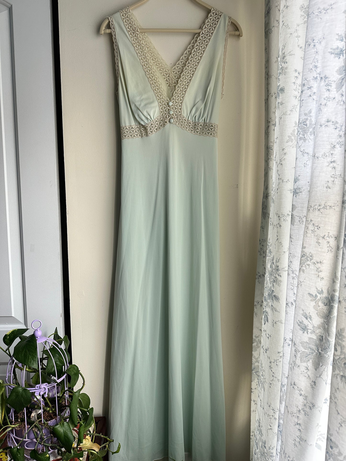 Vintage Pale Sage Green Lace Button Gown - M/L