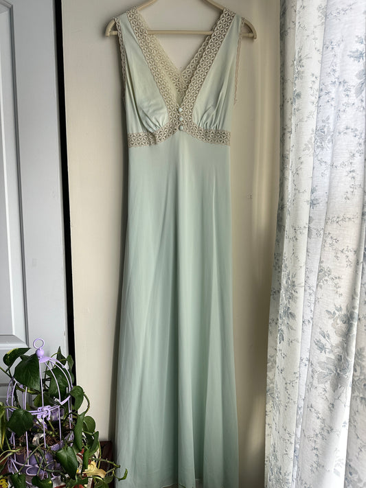 Vintage Pale Sage Green Lace Button Gown - M/L