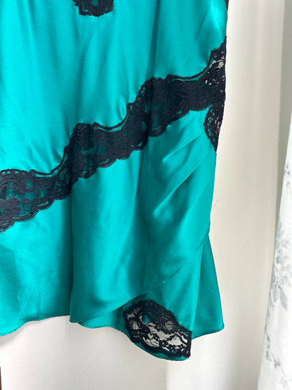 Vintage Green and Black Lace Slip Dress - L