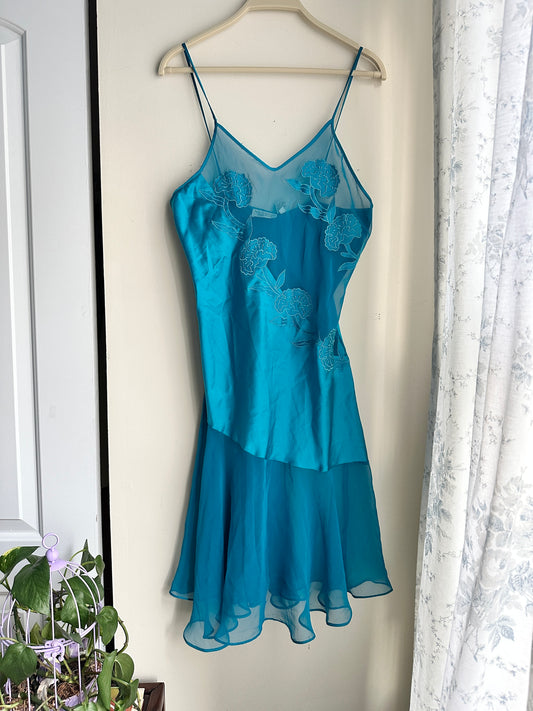 Vintage 90’s Blue Sheer Paneled Floral Slip - M