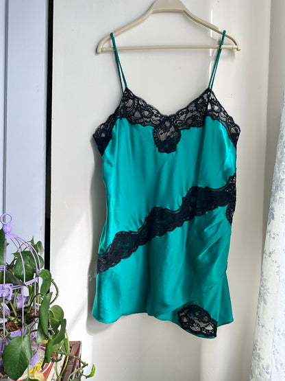 Vintage Green and Black Lace Slip Dress - L