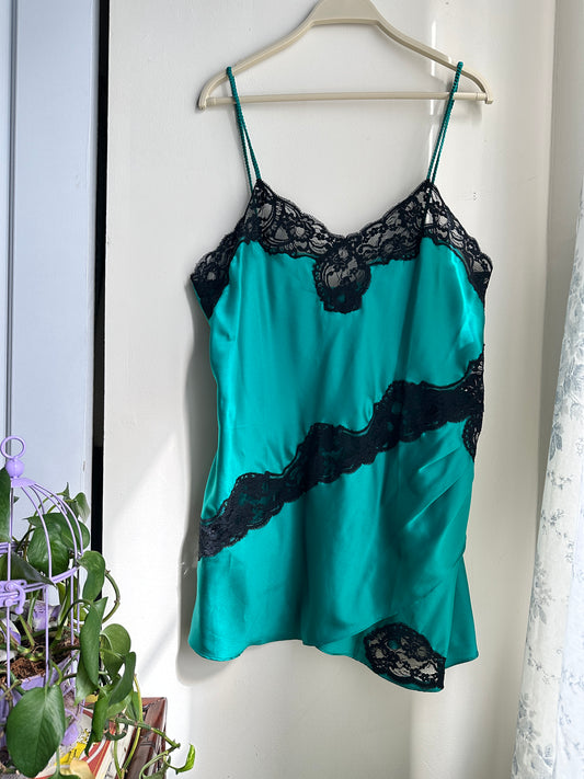 Vintage Green and Black Lace Slip Dress - L