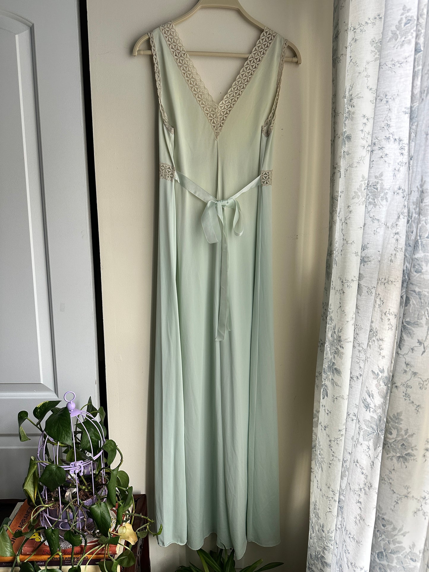 Vintage Pale Sage Green Lace Button Gown - M/L