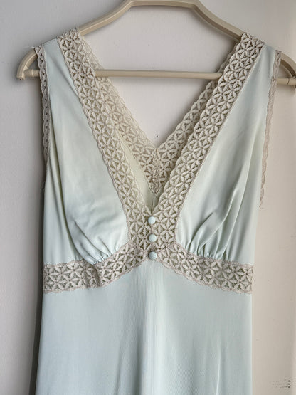 Vintage Pale Sage Green Lace Button Gown - M/L