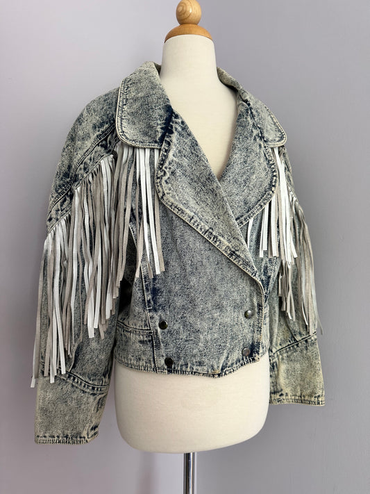 80's Acid Wash Denim Fringe Jacket sz. S/M