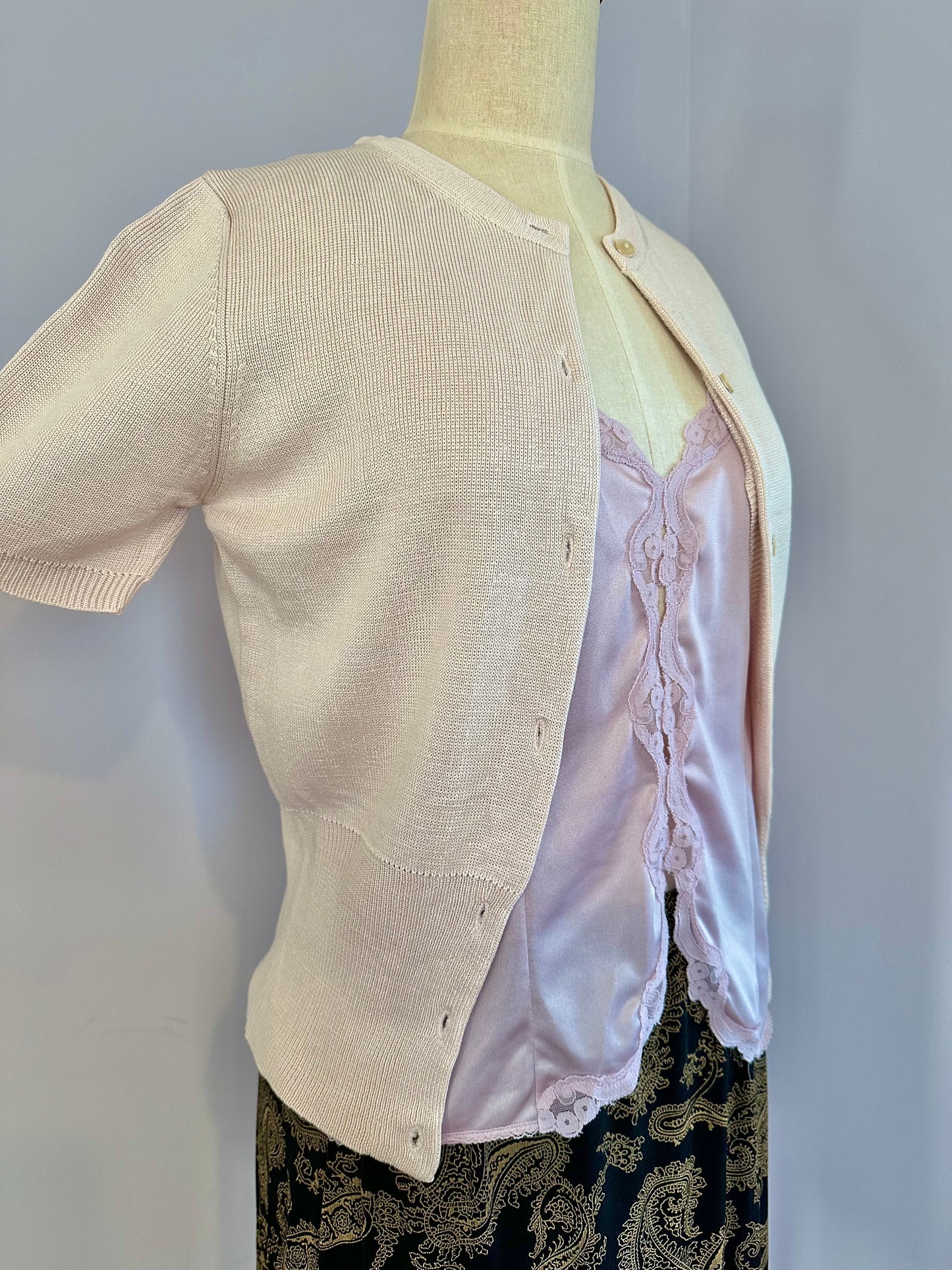 Pale Pink Silk Short Sleeve Cardigan sz. M